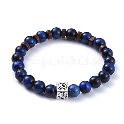 Natural Tiger Eye(Dyed & Heated) Stretch Bracelets, with Wood Beads and Tibetan Style Alloy Beads, Cube with Ohm, 2-3/8 inch(5.9cm)