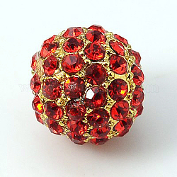 Alloy Rhinestone Beads, Grade A, Round, Golden Metal Color, Light Siam, 10mm