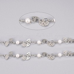Chaînes de perles en laiton faites à la main de 3.28 pied, avec des breloques en laiton, verre imitation perle, soudé, Plaqué longue durée, oeil, blanc, platine, 10.5x3.2x3mm, 3.5x2.5x0.3mm