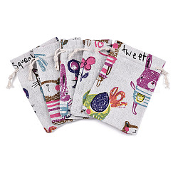 Sacs d'emballage en polycoton (polyester coton), avec chat et souris imprimés, vieille dentelle, 14x10 cm