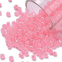 Abalorios de la semilla de cristal, Ceilán, redondo, rosa, 3mm, agujero: 1 mm, aproximamente 2222 unidades / 100 g