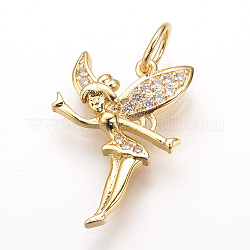 Brass Micro Pave Cubic Zirconia Pendants, with Jump Rings, Fairy, Golden, 24x17.5x4mm, Hole: 5mm