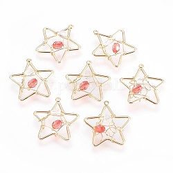 Brass Pendants, with Acrylic Rhinestone, Nickel Free, Star, Real 18K Gold Plated, Orange Red, 20.5x19.5x6mm, Hole: 1mm