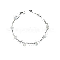 Perline cat eye rotonde e braccialetto teenis con zirconi cubici per ragazze donne, 925 braccialetto a doppio strato in argento sterling, chiaro, platino