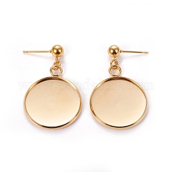 304 Stainless Steel Stud Earring Findings, with Flat Round Cabochon Settings, Golden, Tray: 20mm, 33mm, Pendant: 26x22x2mm, Pin: 0.9mm