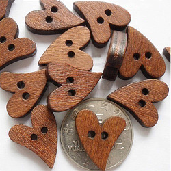 Botones de pintura en forma de corazón, Botones de madera, tierra de siena, aproximamente 20 mm de largo, 16 mm de ancho, agujero: 2 mm, 100 unidades / bolsa