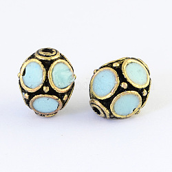 Oval Handmade Indonesia Beads, with Alloy Cores, Antique Golden, Light Cyan, 13x11mm, Hole: 1.5mm