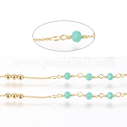 Brass Handmade Beaded Chain, Curb Chains, with Faceted Glass Bead, Long-Lasting Plated, Real 18K Gold Plated, Unwelded, with Spool, Turquoise, 10x3mm, 45x2.8mm, about 32.8 Feet(10m)/roll