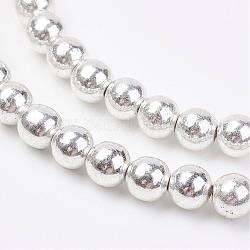 Non-magnetic Synthetic Hematite Bead Strands, Round, Silver Plated, 6mm, Hole: 0.5mm, about 67~70pcs/strand, 15.5 inch