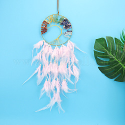 Tree of Life Wrapped Natural & Synthetic Mixed Stone Chips Woven Web/Net with Feather Decorations, for Home Bedroom Hanging Decorations, Pearl Pink, 600x160mm