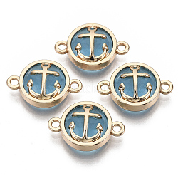 Glass Links connectors, with Light Gold Plated Alloy Findings, Flat Round with Anchor, Light Sky Blue, 13.5x19.5x5.5mm, Hole: 1.6mm