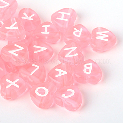Perlas de letras de agujero horizontal de corazón de acrílico transparente, rosa, 10.5x11.5x4.5mm, agujero: 2 mm