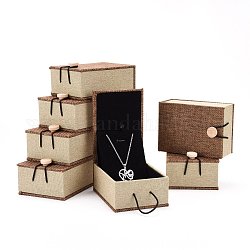 長方形木製ペンダントネックレスボックス  黄麻布とベルベットと  キャメル  10.5x7.4x5.1cm