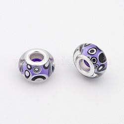 Circle Pattern Resin European Beads, Large Hole Rondelle Beads, with Silver Tone Brass Cores, Medium Purple, 14x9mm, Hole: 5mm