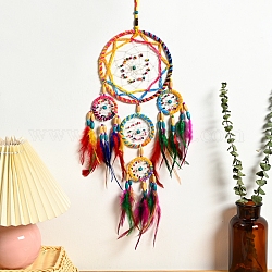 Woven Net/Web with Feather Pendant Decoration, with Iron Ring and Beads, Knitting Craft, Colorful, 58cm
