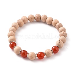 Bracelets élastiques ronds en agate rouge naturelle / cornaline, avec des perles en bois naturel et des perles d'espacement en alliage, diamètre intérieur: 2-1/4 pouce (5.6 cm)