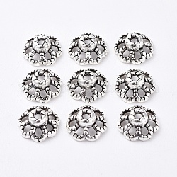 Tibetischen Stil Legierung Perlenkappen, Bleifrei und cadmium frei, Blume, Antik Silber Farbe, ca. 9 mm Durchmesser, 4 mm dick, Bohrung: 1 mm