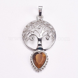 Brass Pendants, Natural Tiger Eye, Faceted, Hollow Flat Round with Tree of Life and Teardrop, Platinum, 49x27x6mm