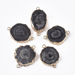 Connettori di collegamenti di agata druzy naturale, con anello in ottone, tinto, pepite, oro, nero, 30~35x19~25.5x5~6mm, Foro: 1.5~2 mm