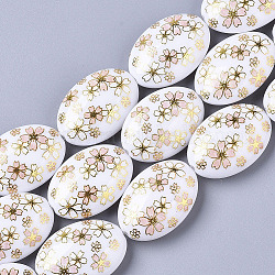 Perles en résine imprimée, ovale avec motif sakura, blanc, 29x20x10mm, Trou: 2mm