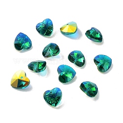 Encantos de vidrio electrochapado, color de ab chapado, corazón facetado, verde primavera medio, 10x10x5~5.5mm, agujero: 1~1.2 mm