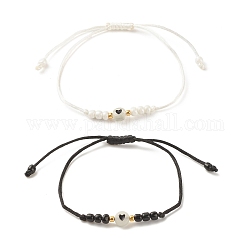 2 pièces plat rond avec coeur acrylique tressé bracelets de perles sertis de graines de verre, bracelets réglables empilables en perles lumineuses pour femmes, blanc et noir, diamètre intérieur: 2~3-3/8 pouce (5~8.7 cm)