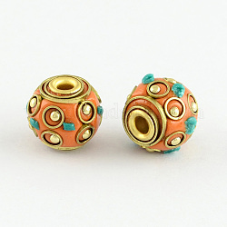 Round Handmade Indonesia Beads, with Alloy Antique Bronze Metal Color Cores, Coral, 12x13mm, Hole: 3mm