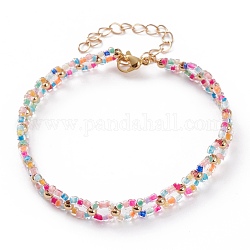 Bracelets de perles de graines de verre rondes transparentes à l'intérieur de couleurs, avec 304 fermoir pince de homard en acier inoxydable et perles rondes en laiton, or, colorées, 8-1/4 pouce (21 cm)