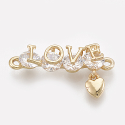 Cubic Zirconia Links, Real 18K Gold Plated, with Brass Findings, Word Love with Heart, Clear, 10x19.5x3.5mm, Hole: 1mm