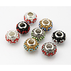 Resin European Beads, with Silver Color Brass Double Cores and Rhinestones, Rondelle, Mixed Color, 15x9.4mm, Hole: 5mm