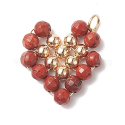 Pendentifs enveloppés de fil de cuivre de jaspe rouge naturel, breloques de coeur, avec perles en laiton doré, 22.5x22x4.5mm, Trou: 3.6mm