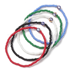 Stretch-Armband mit Perlen aus Glassamen und legiertem Emaille mit bösem Blick, Mischfarbe, Innendurchmesser: 2-1/8 Zoll (5.5 cm)