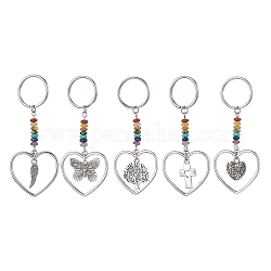 Porte-clés pendentif en alliage, cœur avec aile/croix/arbre de vie/papillon, avec puce de pierre précieuse chakra et porte-clés fendus en fer, formes mixtes, 7.4 cm