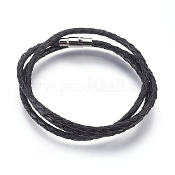 Cuero trenzado cordón envolver pulseras / collares, tres bucles, Con 304 cierre magnético de acero inoxidable., columna, negro, 22.8 pulgada ~ 23 pulgadas (58~58.5 cm), 3mm