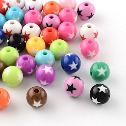 Perles avec motif d'étoile en acrylique opaque, ronde, couleur mixte, 19~20x18mm, Trou: 3mm, environ 116 pcs/500 g