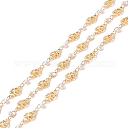 Handgefertigte Kleeblattketten aus Messing, mit runden Glas-Perlen, langlebig plattiert, gelötet, mit Spule, Bleifrei und cadmium frei, golden, Link: 7.5x12x2 mm, 3 mm