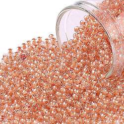 Cuentas de semillas redondas toho, Abalorios de la semilla japonés, (985) cristal de color interior / forrado de salmón, 11/0, 2.2mm, agujero: 0.8 mm, aproximamente 5555 unidades / 50 g