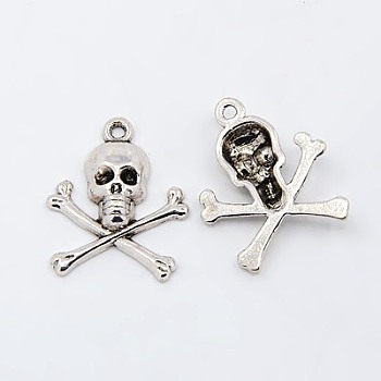 Tibetan Style Alloy Pendants, Pirate Style Skull, Antique Silver, Lead Free, Nickel Free and Cadmium Free, 24x20x4mm, Hole: 2mm, about 680pcs/1000g