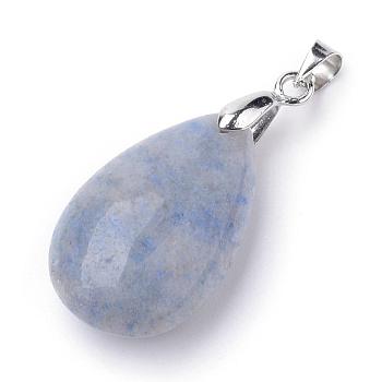 Pendentifs en quartz naturel, avec les accessoires en alliage, goutte , platine, bleu acier clair, 23~24x14x8mm, Trou: 4x5mm