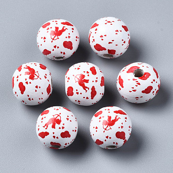 Painted Natural Wood European Beads, Large Hole Beads, Printed, Round with Cupid, Red, 16x15mm, Hole: 4mm