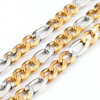 304 Stainless Steel Figaro Chains, with Spool, Unwelded, Golden & Stainless Steel Color, 6x4x1.5mm, 8x4x1.5mm, 32.8 Feet(10m)/roll
