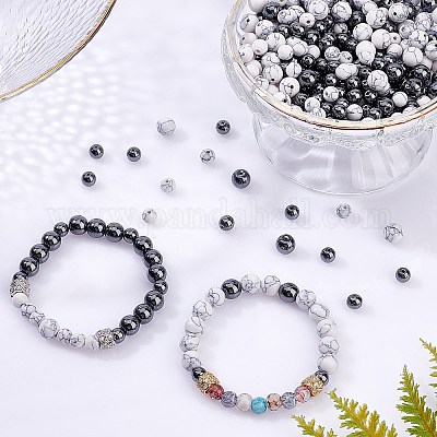 8 mm 100 Pcs Howlite Beads and 100 Pcs Natural Hematite Beads Marble Beads  Black and White Beads Gemstone Loose Beads for Bracelets Jewelry Making DIY
