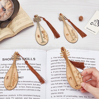 Nbeads 4Pcs 4 Style Ancient Musical Instrument Pipa Chinese Style Bookmark  with Tassels for Book Lover, Chinese Character and Drawing Engraved Bamboo  