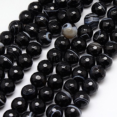 Faceted Black Stripe Agate Natural Gemstone Round Beads For Jewelry Making 15" 