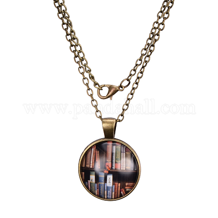 Book Pattern Flat Round Glass Pendant Necklaces X-NJEW-N0051-029A-01-1