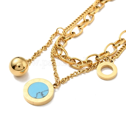 Synthetic Turquoise Flat Round & Ball Charms Double Layered Bracelet BJEW-G646-07G-1
