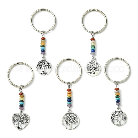 Porte-clés rond plat en alliage et cœur avec pendentif arbre de vie KEYC-JKC00591-1