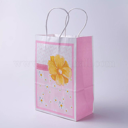 クラフト紙袋  ハンドル付き  ギフトバッグ  ショッピングバッグ  長方形  花柄  ピンク  27x21x10cm CARB-E002-M-D01-1