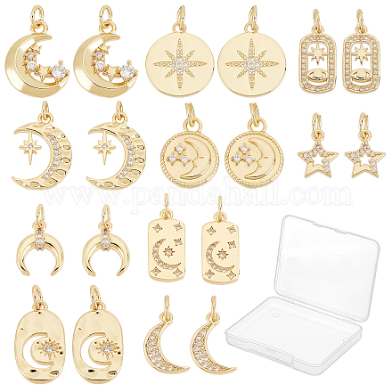 SUNNYCLUE 1 Box 20Pcs 10 Style 18K Gold Plated Moon Star Charms Pendants Micro Pave Clear Cubic Zirconia Pendants with Jump Ring for DIY Earrings Necklace Bracelet Jewellery Making Crafting Supplies ZIRC-SC0001-20-1