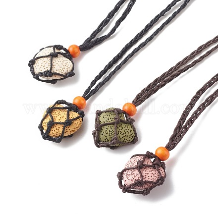 2 Stück geflochtene Halskette aus natürlichem Lavagestein mit Herzanhänger und Holzperlen NJEW-JN03902-01-1